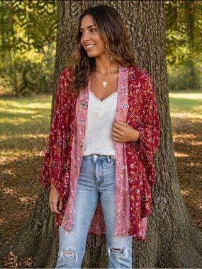 Very J open front long sleeve flower cardigan